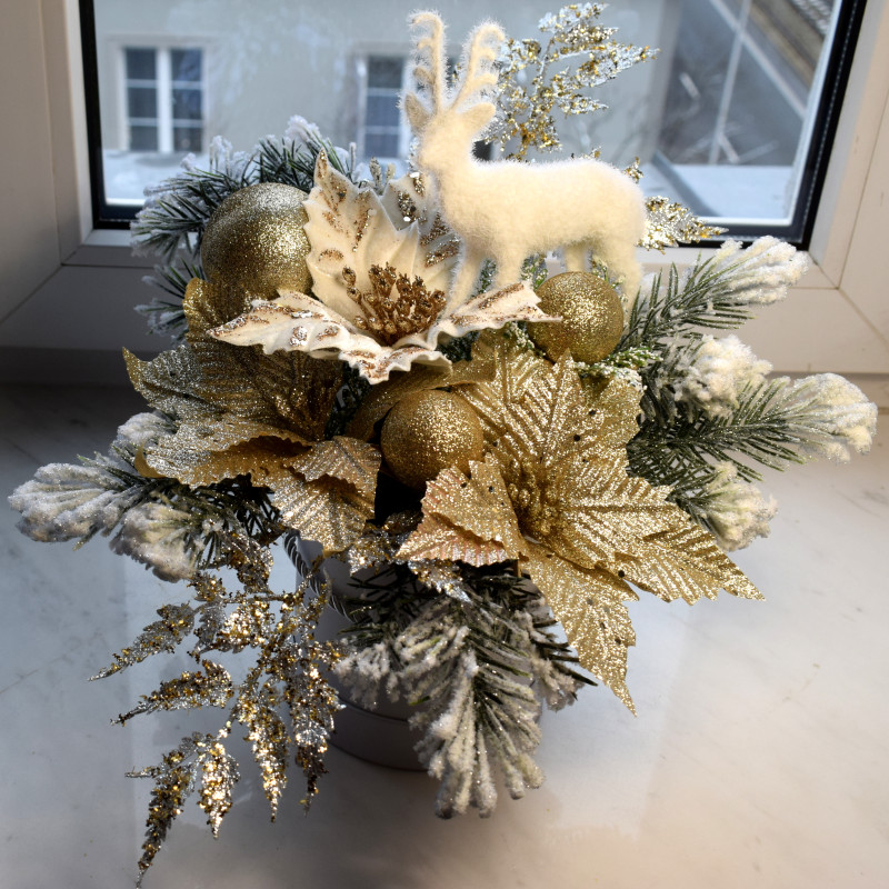 Biało-złoty Świąteczny Flower box  z jeleniem